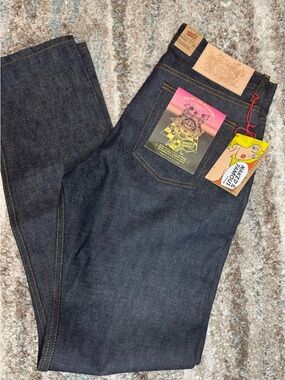 Naked & Famous Denim Dark Indigo Straight Jeans with Colorful Tags